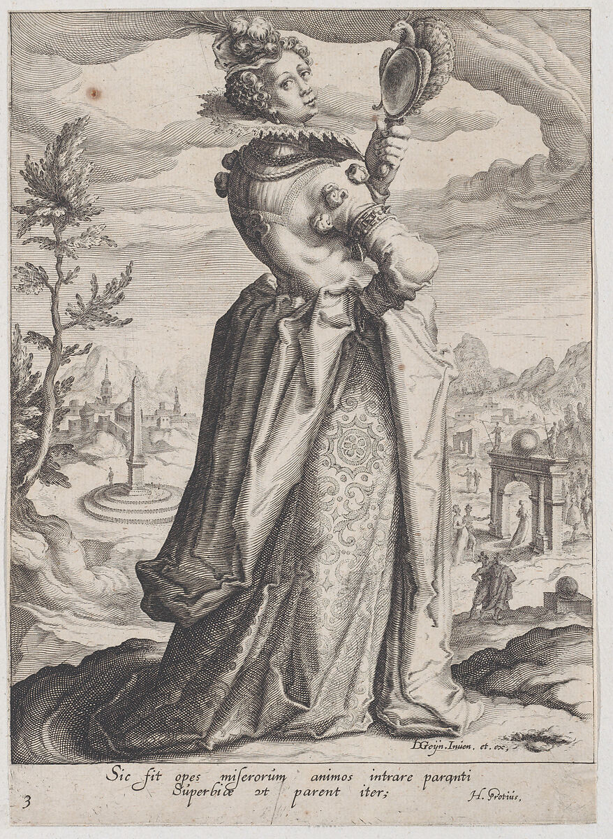 Pride, from "Virtues and Vices", Zacharias Dolendo (Netherlandish, 1561–ca. 1604), Engraving; New Hollstein's  first of two 