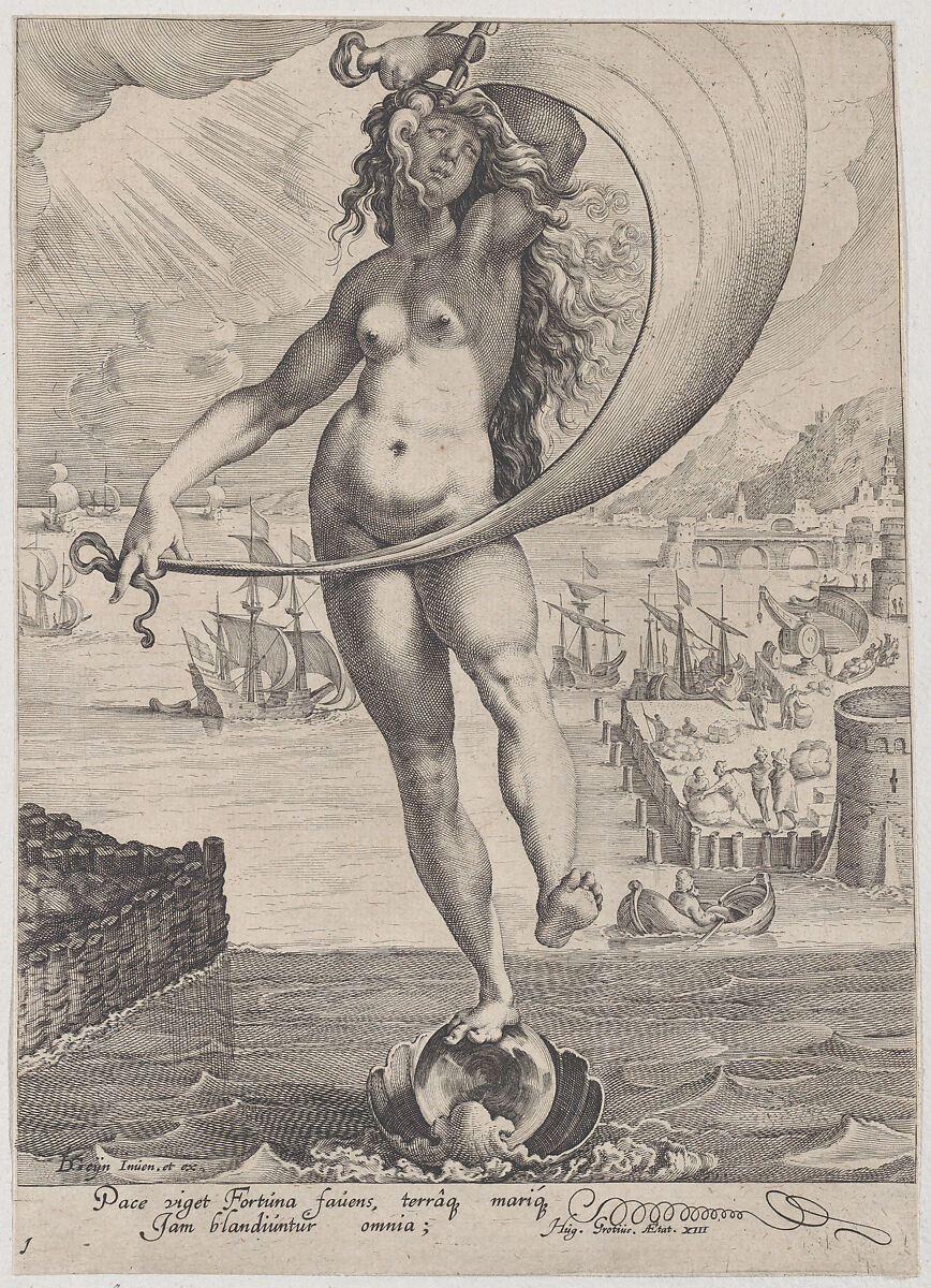Fortune, plate 1 from "Virtues and Vices", Zacharias Dolendo (Netherlandish, 1561–ca. 1604), Engraving; New Hollstein's first state of two 