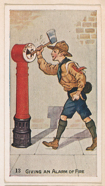 Card 13, Giving an Alarm of Fire, from the Boy Scouts series (E41), issued by the Scout Gum Company or to promote Harlequin Taffy Candy, Issued by Scout Gum Company, Rochester, New York or, Commercial color lithograph 