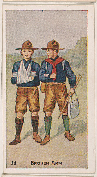 Card 14, Broken Arm, from the Boy Scouts series (E41), issued by the Scout Gum Company or to promote Harlequin Taffy Candy, Issued by Scout Gum Company, Rochester, New York or, Commercial color lithograph 