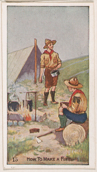 Card 15, How to Make a Fire, from the Boy Scouts series (E41), issued by the Scout Gum Company or to promote Harlequin Taffy Candy, Issued by Scout Gum Company, Rochester, New York or, Commercial color lithograph 
