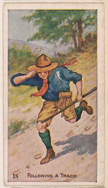 Card 18, Following a Track, from the Boy Scouts series (E41), issued by the Scout Gum Company or to promote Harlequin Taffy Candy, Issued by Scout Gum Company, Rochester, New York or, Commercial color lithograph 