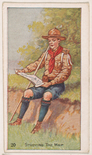 Card 20, Studying the Map, from the Boy Scouts series (E41), issued by the Scout Gum Company or to promote Harlequin Taffy Candy, Issued by Scout Gum Company, Rochester, New York or, Commercial color lithograph 