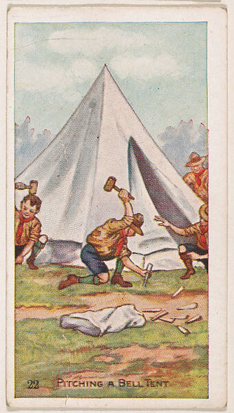 Card 22, Pitching a Bell Tent, from the Boy Scouts series (E41), issued by the Scout Gum Company or to promote Harlequin Taffy Candy, Issued by Scout Gum Company, Rochester, New York or, Commercial color lithograph 