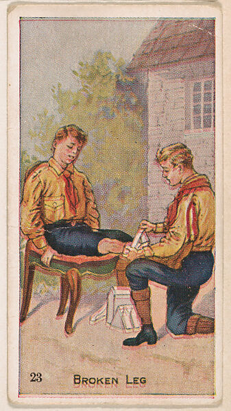 Card 23, Broken Leg, from the Boy Scouts series (E41), issued by the Scout Gum Company or to promote Harlequin Taffy Candy, Issued by Scout Gum Company, Rochester, New York or, Commercial color lithograph 