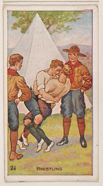Card 24, Wrestling, from the Boy Scouts series (E41), issued by the Scout Gum Company or to promote Harlequin Taffy Candy, Issued by Scout Gum Company, Rochester, New York or, Commercial color lithograph 