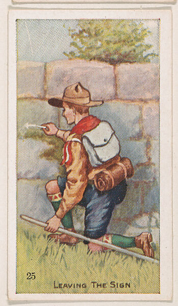 Card 25, Leaving the Sign, from the Boy Scouts series (E41), issued by the Scout Gum Company or to promote Harlequin Taffy Candy, Issued by Scout Gum Company, Rochester, New York or, Commercial color lithograph 