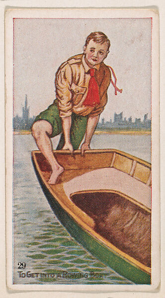 Card 29, To Get into a Rowing Boat, from the Boy Scouts series (E41), issued by the Scout Gum Company or to promote Harlequin Taffy Candy, Issued by Scout Gum Company, Rochester, New York or, Commercial color lithograph 