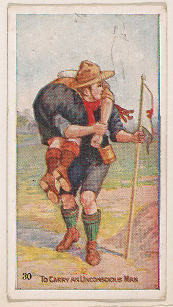 Card 30, To Carry an Unconscious Man, from the Boy Scouts series (E41), issued by the Scout Gum Company or to promote Harlequin Taffy Candy, Issued by Scout Gum Company, Rochester, New York or, Commercial color lithograph 