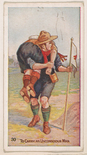 Card 30, To Carry an Unconscious Man, from the Boy Scouts series (E41), issued by the Scout Gum Company or to promote Harlequin Taffy Candy