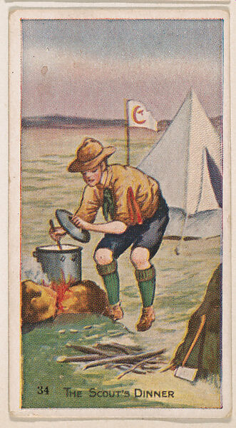 Card 34, The Scout's Dinner, from the Boy Scouts series (E41), issued by the Scout Gum Company or to promote Harlequin Taffy Candy, Issued by Scout Gum Company, Rochester, New York or, Commercial color lithograph 