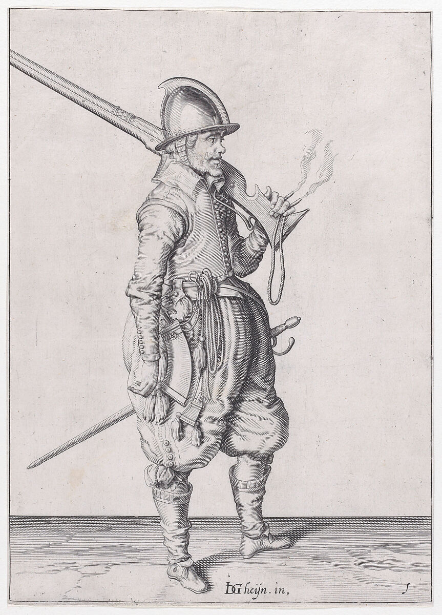 A soldier holding his caliver, from the Marksmen series, plate 1, in Waffenhandlung von den Rören Musquetten undt Spiessen / Wapenhandelinghe van Roers Musquetten Ende Spiessen (The Exercise of Arms), after Jacques de Gheyn II (Netherlandish, Antwerp 1565–1629 The Hague), Engraving; third state of three (New Hollstein) 