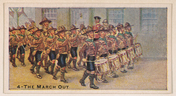 Card 4, The March Out, from the Boy Scouts series (E41), issued by the Scout Gum Company or to promote Harlequin Taffy Candy, Issued by Scout Gum Company, Rochester, New York or, Commercial color lithograph 