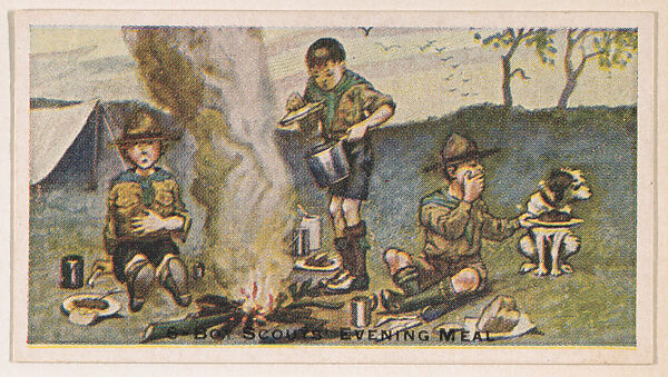 Card 6, Boy Scouts Evening Meal, from the Boy Scouts series (E41), issued by the Scout Gum Company or to promote Harlequin Taffy Candy, Issued by Scout Gum Company, Rochester, New York or, Commercial color lithograph 