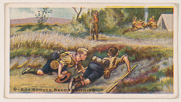 Card 9, Boy Scouts Reconnoitering, from the Boy Scouts series (E41), issued by the Scout Gum Company or to promote Harlequin Taffy Candy, Issued by Scout Gum Company, Rochester, New York or, Commercial color lithograph 