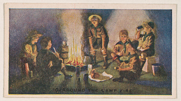 Card 10, Around the Camp Fire, from the Boy Scouts series (E41), issued by the Scout Gum Company or to promote Harlequin Taffy Candy, Issued by Scout Gum Company, Rochester, New York or, Commercial color lithograph 