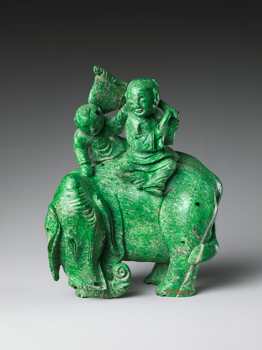 Elephant and two boys, Kosmochlor jadeitite, China 