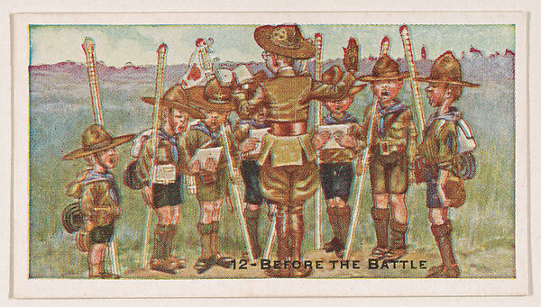 Card 12, Before the Battle, from the Boy Scouts series (E41), issued by the Scout Gum Company or to promote Harlequin Taffy Candy, Issued by Scout Gum Company, Rochester, New York or, Commercial color lithograph 
