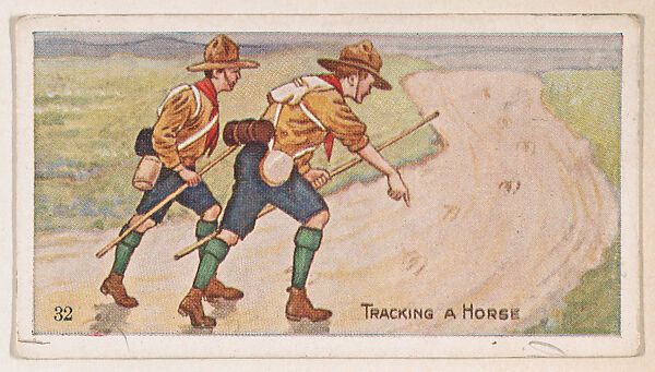 Card 32, Tracking a Horse, from the Boy Scouts series (E41), issued by the Scout Gum Company or to promote Harlequin Taffy Candy, Issued by Scout Gum Company, Rochester, New York or, Commercial color lithograph 