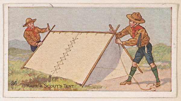 Card 36, To Make a Scout's Tent, from the Boy Scouts series (E41), issued by the Scout Gum Company or to promote Harlequin Taffy Candy, Issued by Scout Gum Company, Rochester, New York or, Commercial color lithograph 