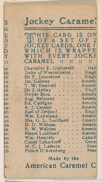 Example of Printing Error, from the Jockey Caramels series (E47) for the American Caramel Company, Issued by American Caramel Company, Philadelphia, Commercial color lithograph 