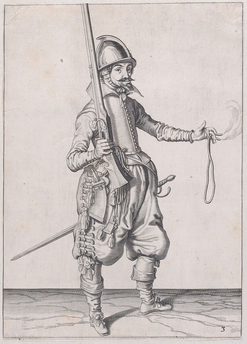 A soldier holding up his caliver in his right hand and extending his left to receive it, from the Marksmen series, plate 3, in Waffenhandlung von den Rören Musquetten undt Spiessen / Wapenhandelinghe van Roers Musquetten Ende Spiessen (The Exercise of Arms), after Jacques de Gheyn II (Netherlandish, Antwerp 1565–1629 The Hague), Engraving; second state of two (New Hollstein) 