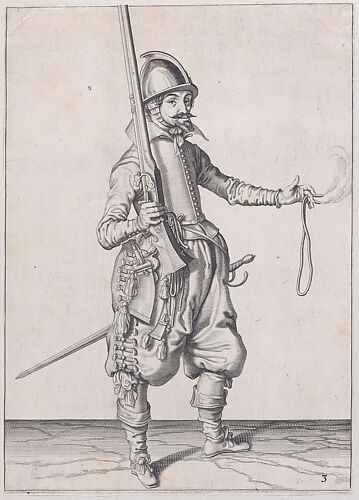 A soldier holding up his caliver in his right hand and extending his left to receive it, from the Marksmen series, plate 3, in Waffenhandlung von den Rören Musquetten undt Spiessen / Wapenhandelinghe van Roers Musquetten Ende Spiessen (The Exercise of Arms)