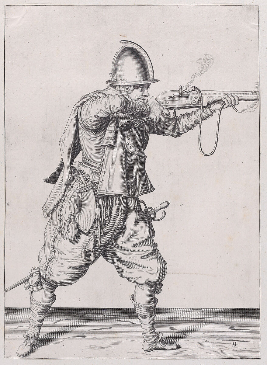 A soldier taking aim, from the Marksmen series, plate 11, in Waffenhandlung von den Rören Musquetten undt Spiessen / Wapenhandelinghe van Roers Musquetten ende Spiessen (The Exercise of Arms), after Jacques de Gheyn II (Netherlandish, Antwerp 1565–1629 The Hague), Engraving; second state of two (New Hollstein) 