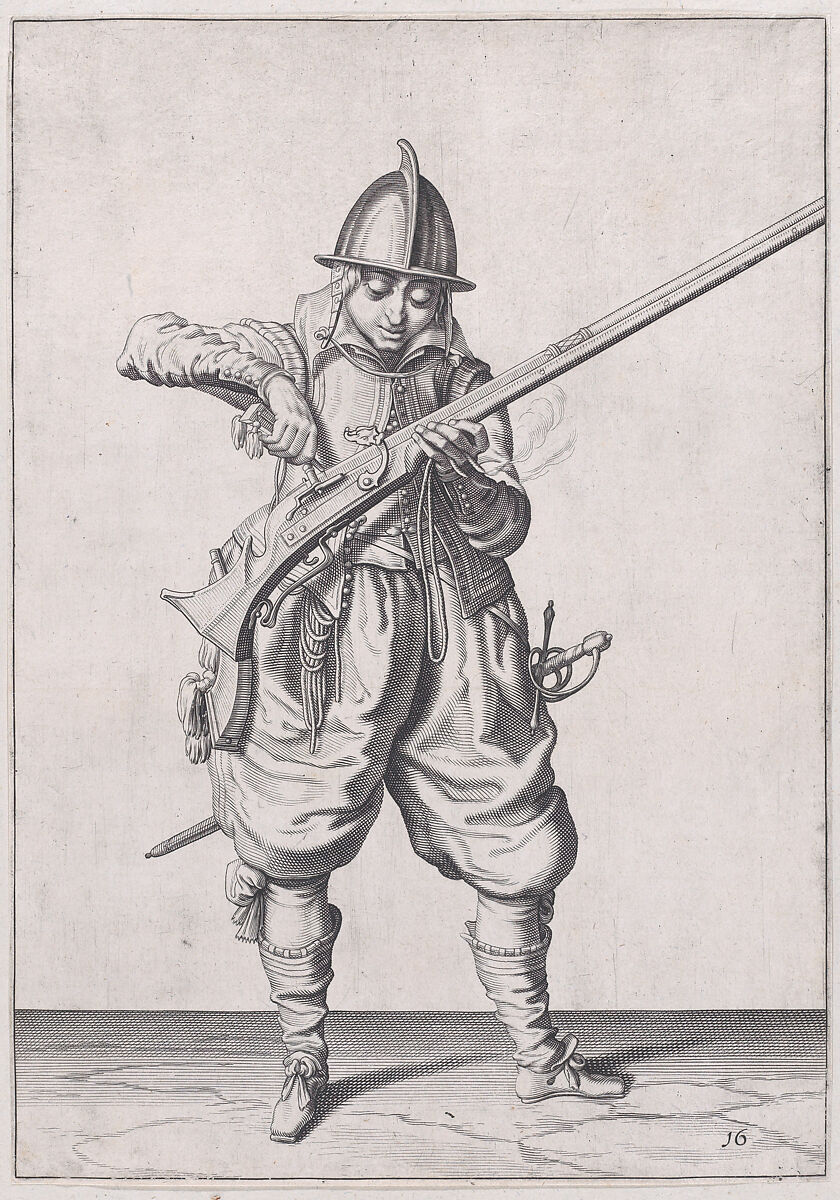 A soldier pouring powder into the pan, from the Marksmen series, plate 16, in Waffenhandlung von den Rören Musquetten undt Spiessen / Wapenhandelinghe van Roers Musquetten ende Spiessen (The Exercise of Arms), after Jacques de Gheyn II (Netherlandish, Antwerp 1565–1629 The Hague), Engraving; second state of two (New Hollstein) 