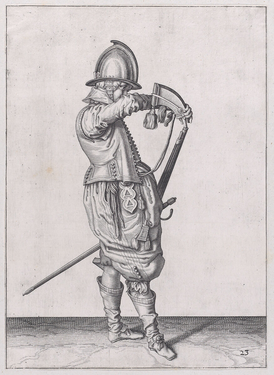A soldier charging his caliver which is held stock down, from the Marksmen series, plate 23, in Waffenhandlung von den Rören Musquetten undt Spiessen / Wapenhandelinghe van Roers Musquetten ende Spiessen (The Exercise of Arms), after Jacques de Gheyn II (Netherlandish, Antwerp 1565–1629 The Hague), Engraving; second state of two (New Hollstein) 