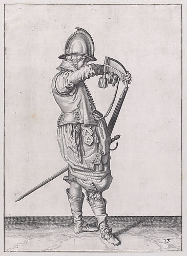 A soldier charging his caliver which is held stock down, from the Marksmen series, plate 23, in Waffenhandlung von den Rören Musquetten undt Spiessen / Wapenhandelinghe van Roers Musquetten ende Spiessen (The Exercise of Arms)