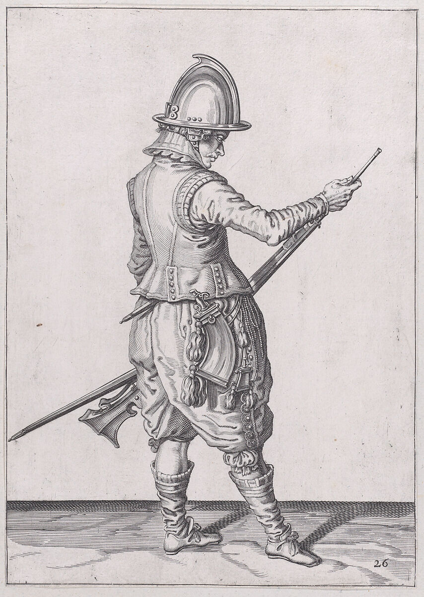 A soldier ramming home powder and bullet with the ramrod, from the Marksmen series, plate 26, in Waffenhandlung von den Rören Musquetten undt Spiessen / Wapenhandelinghe van Roers Musquetten ende Spiessen (The Exercise of Arms), after Jacques de Gheyn II (Netherlandish, Antwerp 1565–1629 The Hague), Engraving; second state of two (New Hollstein) 