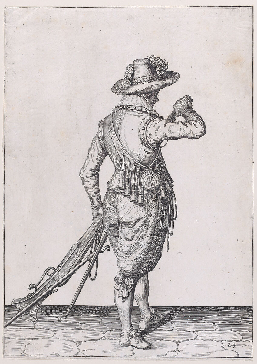 A soldier charging his musket, from the Musketeers series, plate 24, in Waffenhandlung von den Rören Musquetten undt Spiessen / Wapenhandelinghe van Roers Musquetten ende Spiessen (The Exercise of Arms), after Jacques de Gheyn II (Netherlandish, Antwerp 1565–1629 The Hague), Engraving; second state of three (New Hollstein) 