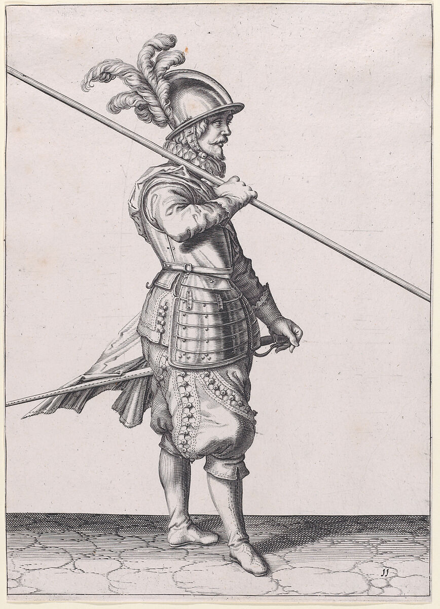 A soldier carrying his pike at the slope, from the Lansquenets series, plate 11, in "Waffenhandlung von den Rören Musquetten undt Spiessen / Wapenhandelinghe van Roers Musquetten ende Spiessen" (The Exercise of Arms), After Jacques de Gheyn II (Netherlandish, Antwerp 1565–1629 The Hague), Engraving; second state of three (New Hollstein) 