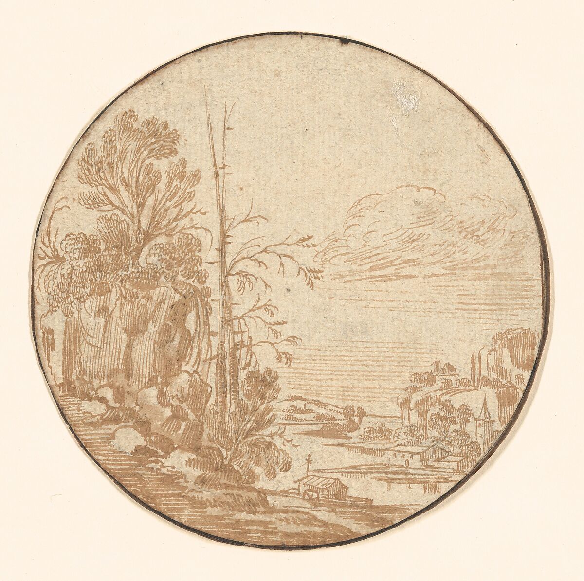 Landscape with a River and a Village, Charles Cornelisz. de Hooch (Dutch, The Hague? ca. 1600/06?–1638 Utrecht), Pen and brown ink, brown wash, incised for transfer; framing line in pen and black ink, probably by a later hand 
