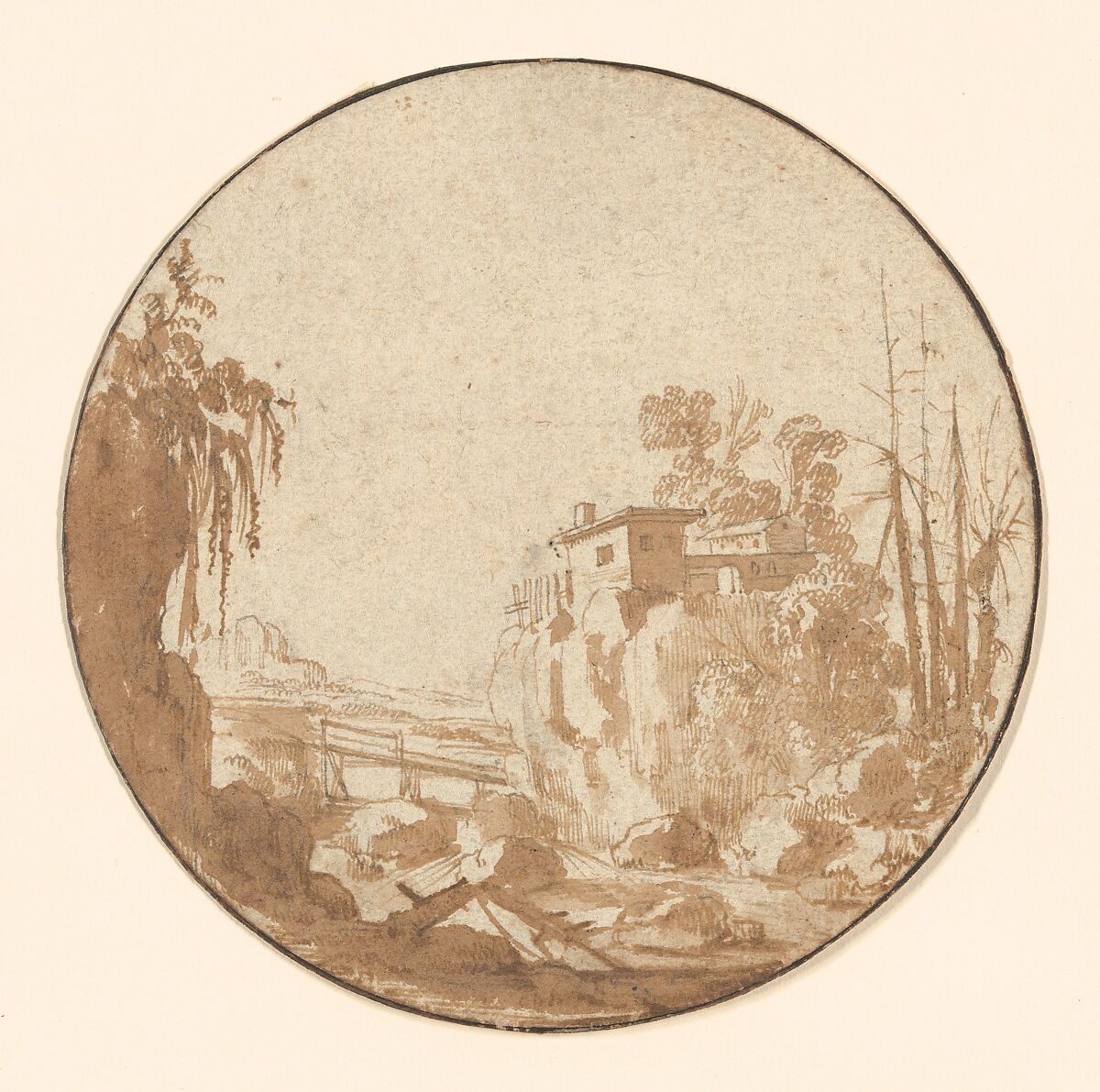 Rocky Landscape With a Bridge and a House, Charles Cornelisz. de Hooch (Dutch, The Hague? ca. 1600/06?–1638 Utrecht), Pen and brown ink, brown wash, incised for transfer; framing line in pen and black ink, probably by a later hand 