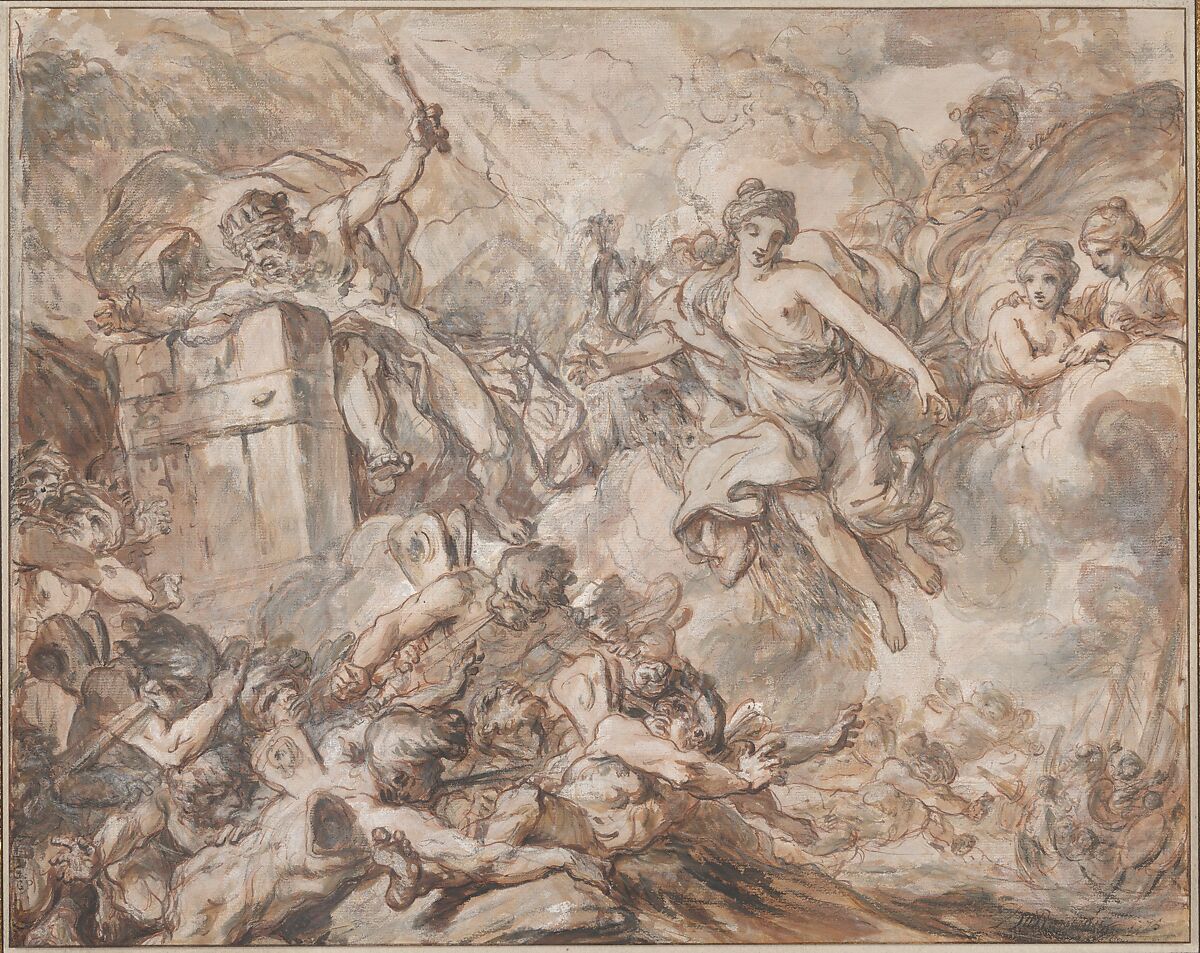 Juno Ordering Aeolus to Unleash the Winds, Louis Jean Jacques Durameau (French, Paris 1733–1796 Versailles), Pen and brown ink, brush and brown and gray wash, heightened with white gouache, over black and red chalk underdrawing on light buff paper prepared with a pink wash; framing lines in pen and brown ink 