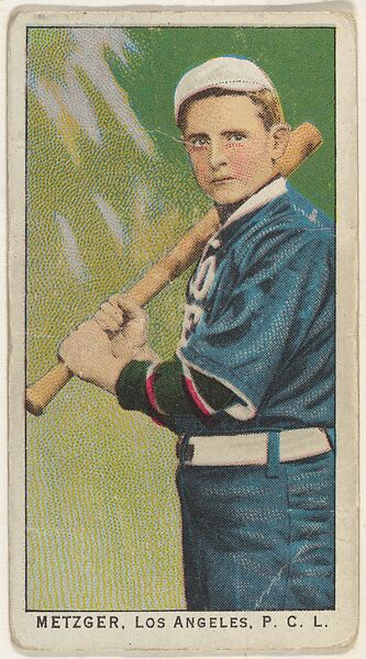 Metzger, Los Angeles, Pacific Coast League, from the "Obak Baseball Players" set (T212), issued by the American Tobacco Company to promote Obak Mouthpiece Cigarettes, Issued by the California branch of the American Tobacco Company, Commercial color lithograph 