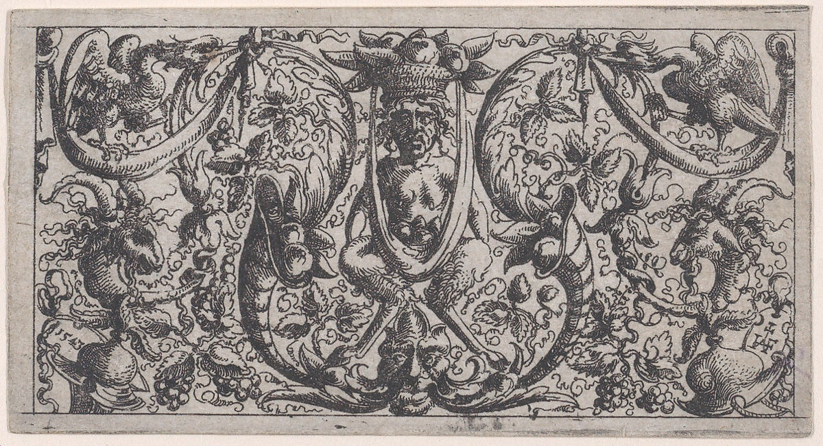 Ornamental Fillet with a Satyr at Centre, Augustin Hirschvogel (German, Nuremberg 1503–1553 Vienna), Etching 
