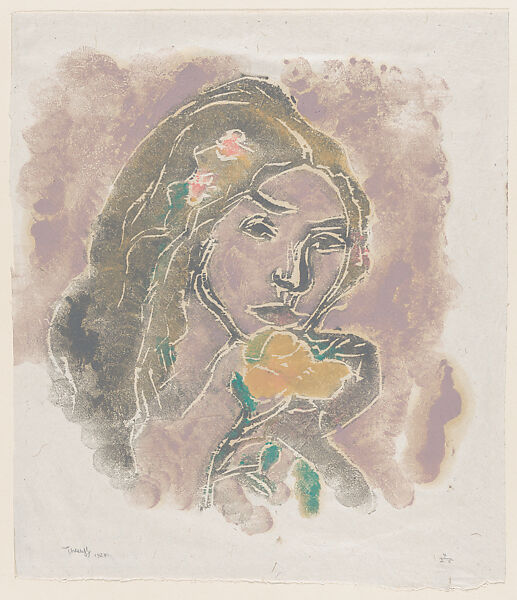 Elegy (Elegia), head of a girl with flowers, Ellen Thesleff (Finnish, Helsinki 1869–1954 Helsinki), Color woodcut 