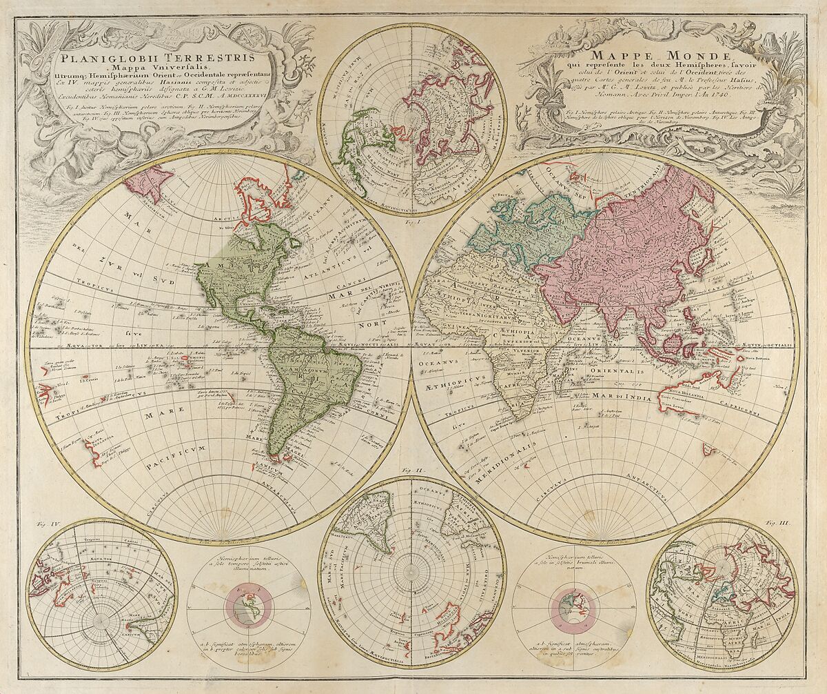 Planiglobii Terrestris Mappa Universalis..., Johann Baptist Homann (German, Oberkammlach 1664–1724 Nuremberg), Engraving, hand colored 