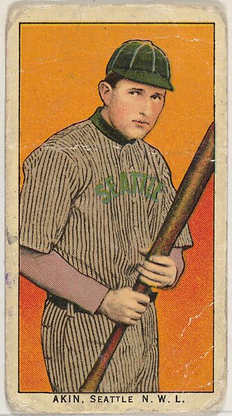 Akin, Seattle, Northwestern League, from the "Obak Baseball Players" set (T212), issued by the American Tobacco Company to promote Obak Mouthpiece Cigarettes, Issued by the California branch of the American Tobacco Company, Commercial color lithograph 