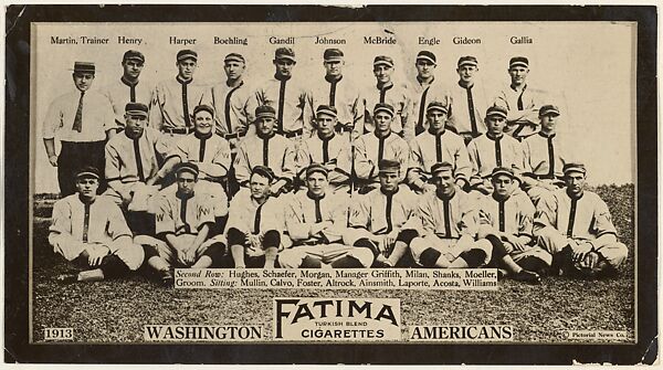 Washington Senators, American League, from the "Baseball Team" series (T200), issued by Liggett & Myers Tobacco Company to promote Fatima Turkish Blend Cigarettes, Photographic copyright, The Pictorial News Co., Photograph 