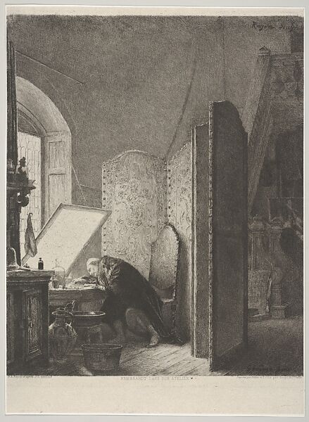 Rembrandt in His Studio, Paul Adolphe Rajon (French, Dijon 1843–1888 Auvers-sur-Oise), Etching on chine collé 