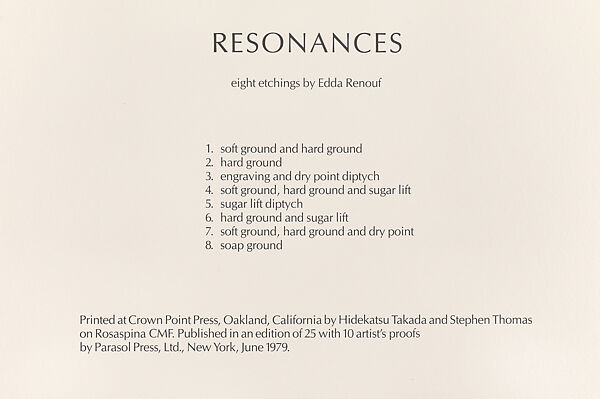 Resonances, Edda Renouf (American, born Mexico City 1943), 8 Etchings 