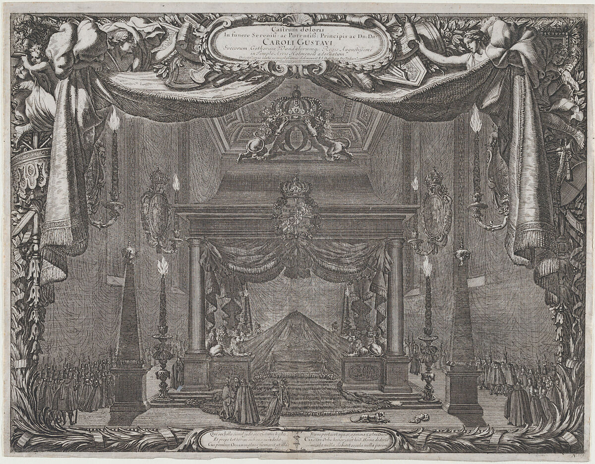 Catafalque of Charles X Gustav, King of Sweden, in the chapel of the castle in Stockholm (Castrum doloris in funere... Caroli Gustavi), from "De rebus a Carolo Gustavo Sueciae rege gestis...", Jean Le Pautre (French, Paris 1618–1682 Paris), Etching; third state of three (Préaud) 