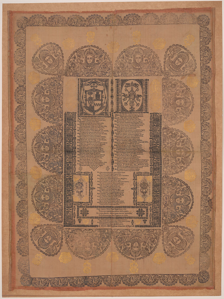 Print in Honor of Juan Antonio Vizarrón y Eguiarreta, Archbishop of Mexico and Viceroy of New Spain, Juan Antonio Vizarrón y Eguiarreta (Spanish, 1682, Spain–1747, Mexico City), Woodcut printed on pink silk with a red border 