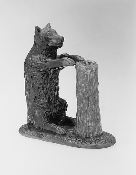 Bear figure and spill holder, Possibly Parker Pottery, Earthenware; Redware with slip decoration, American
