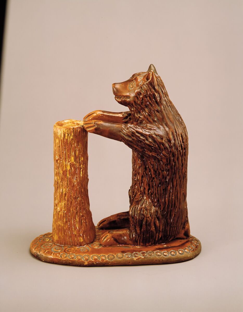 Bear figure and spill holder, Possibly Parker Pottery, Earthenware; Redware with slip decoration, American