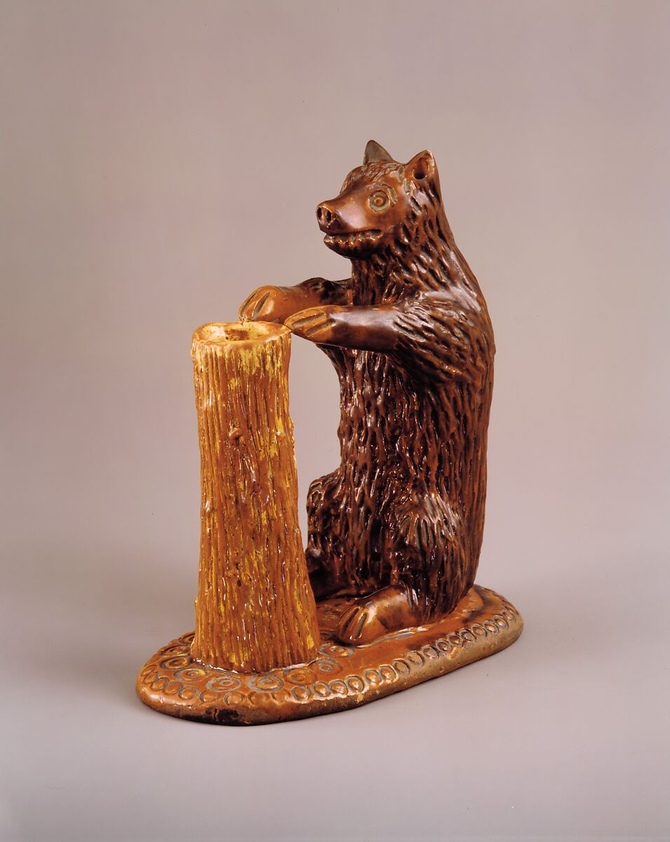 Bear figure and spill holder, Possibly Parker Pottery, Earthenware; Redware with slip decoration, American
